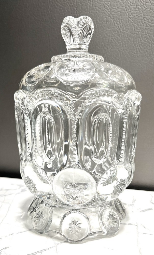 Vintage MCM LG Wright Moon And Stars Pressed Glass Biscuit/Candy Jar With Lid