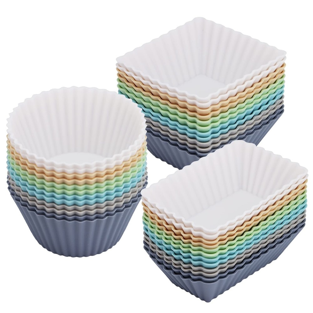 36-Pack Reusable Silicone Baking Cups for Muffins & Cupcakes - Round & Square Non-Stick Liners