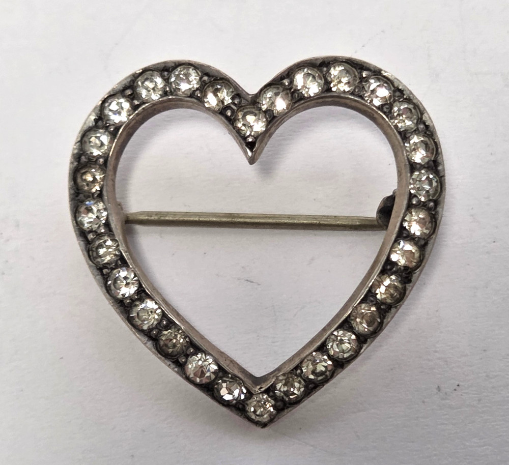 Sterling Silver Rhinestone Heart Brooch Love Vintage Pin 1