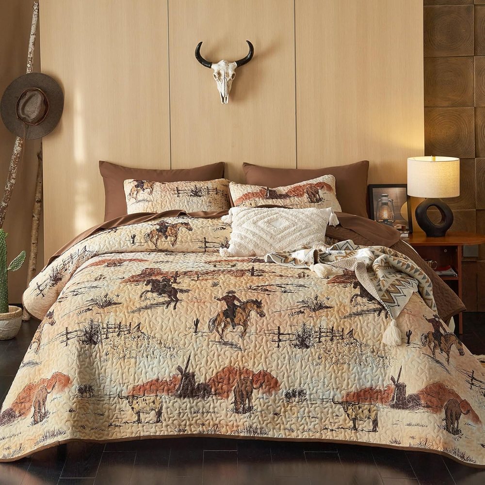 - Western Quilt Set, Rustic Ranch Life with Cowboy Southwestern Vintage Country
