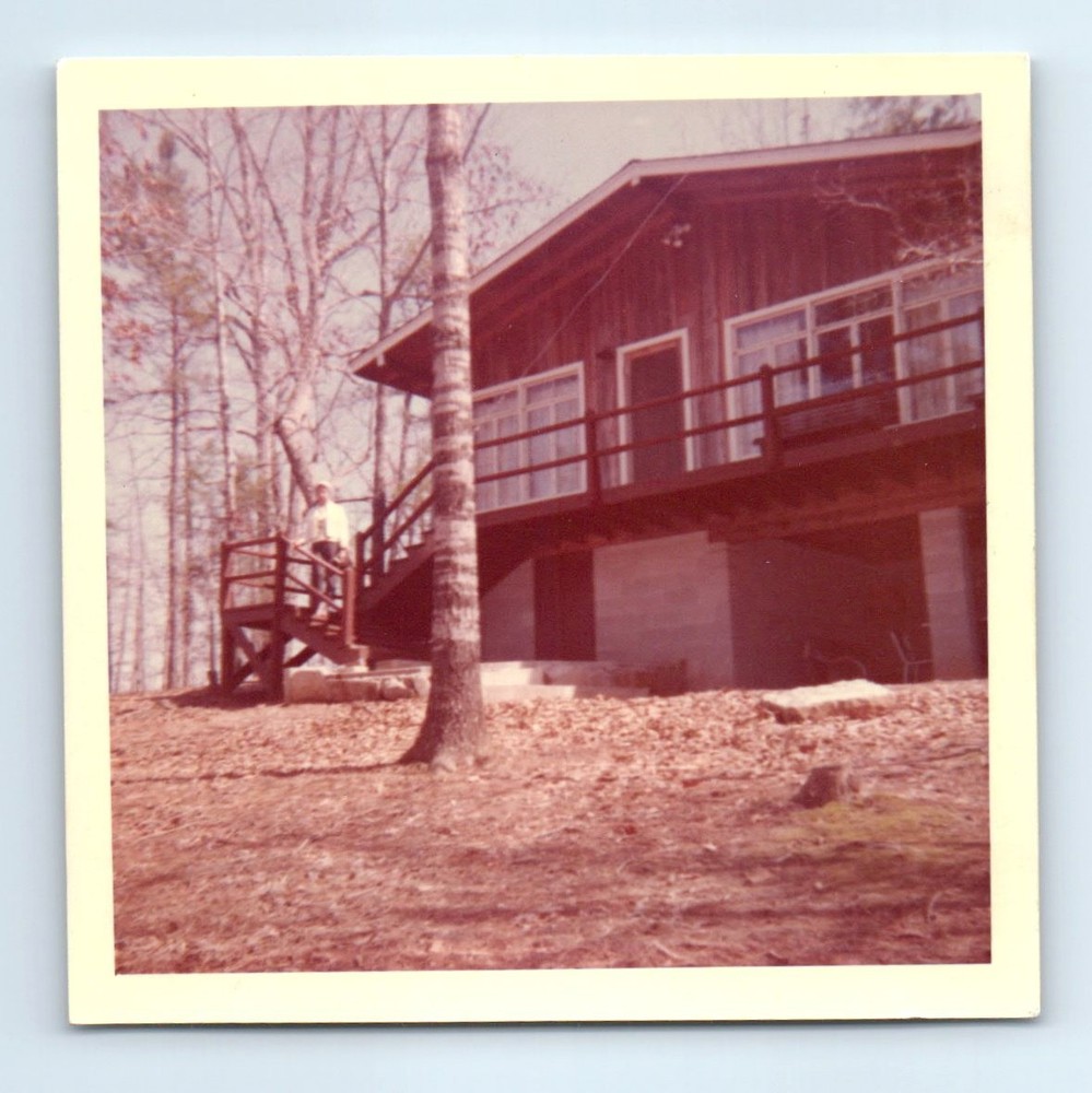 Old Vintage Square Color Photo SOLO MAN ON STAIRS HOUSE TREE IN YARD PICTURE