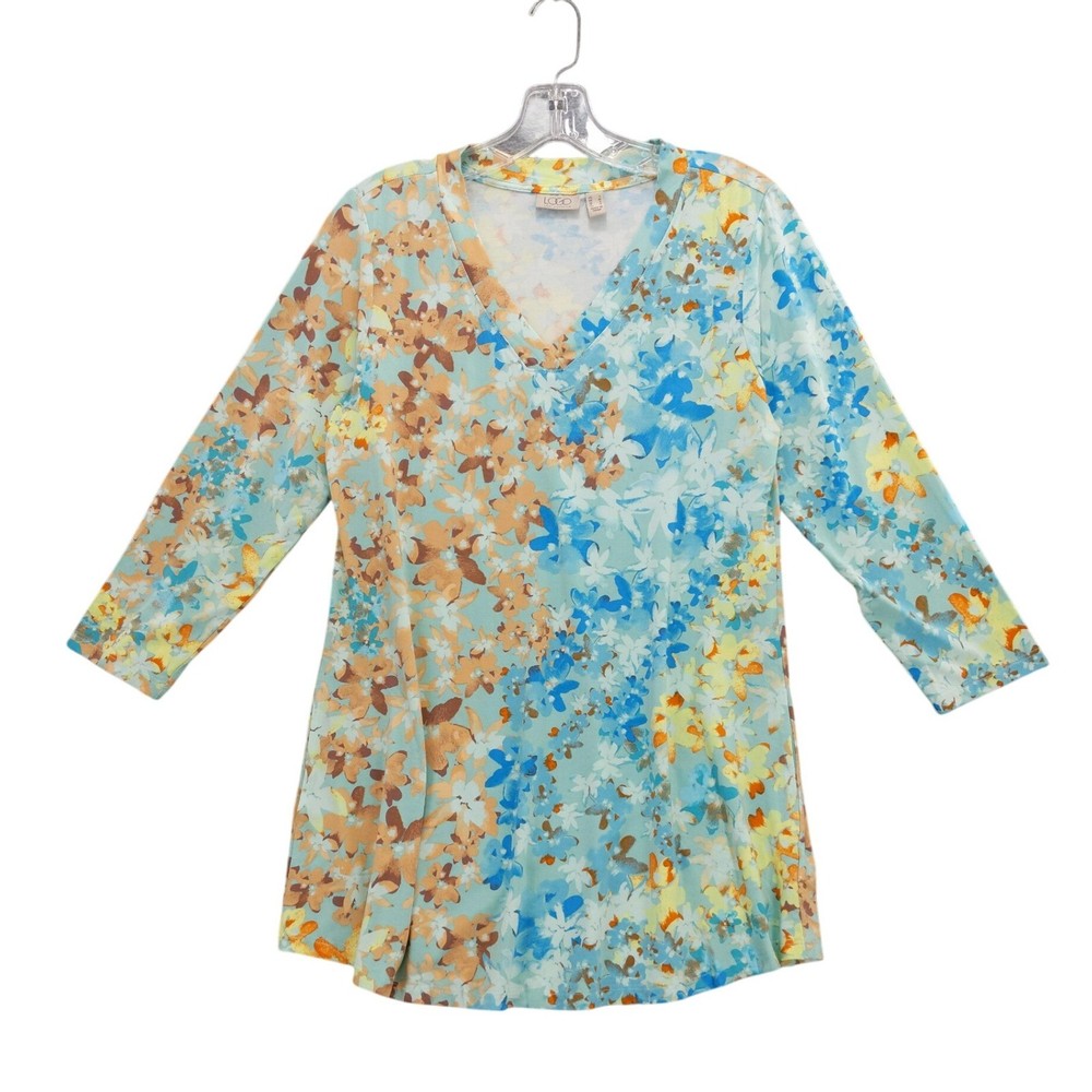 LOGO Lori Goldstein Floral Print V Neck 3/4 Sleeve Top Womens Small