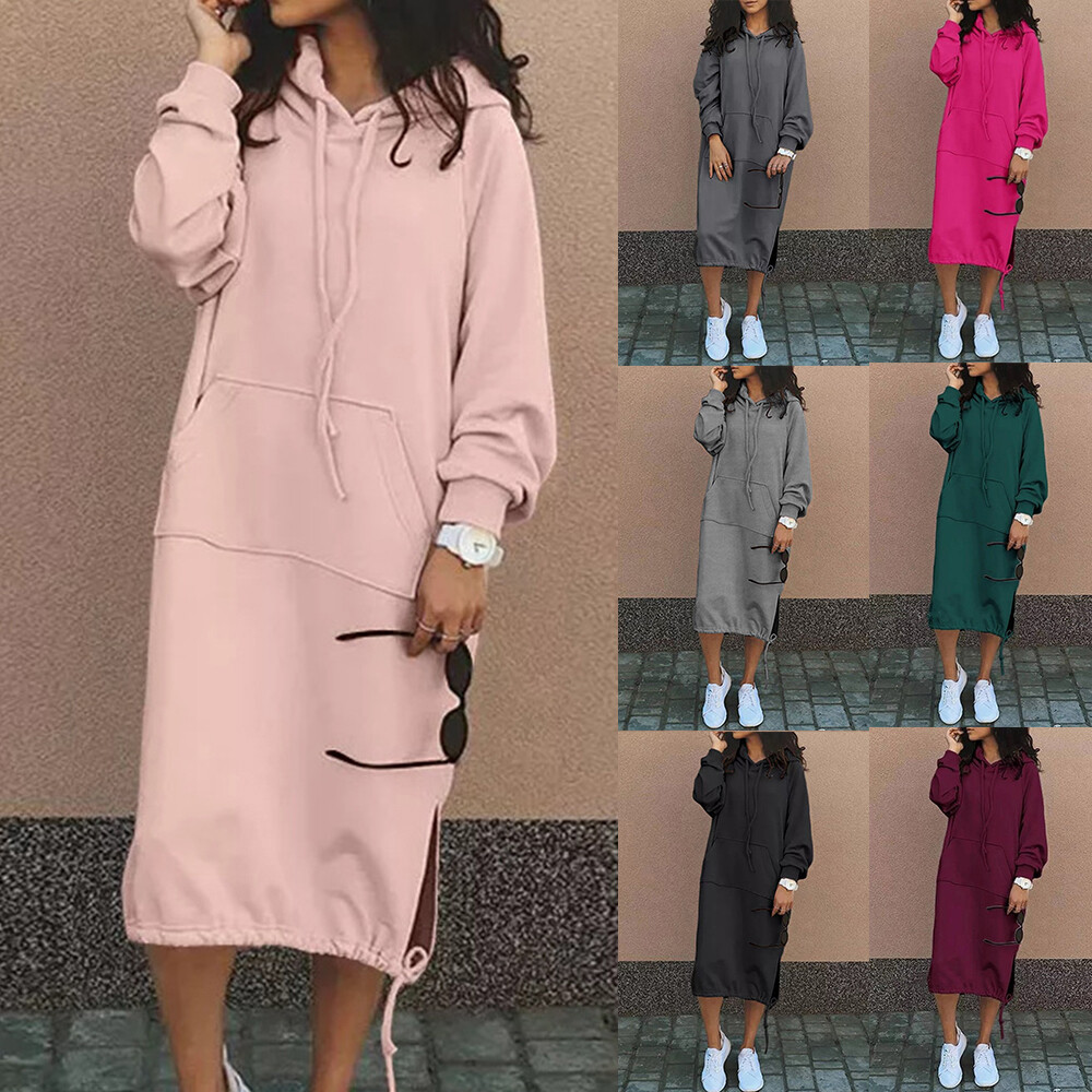 Womens Fleece Hooded Hoodie Sweatshirt Dress Long Sleeve Pullover Jumper Dre
