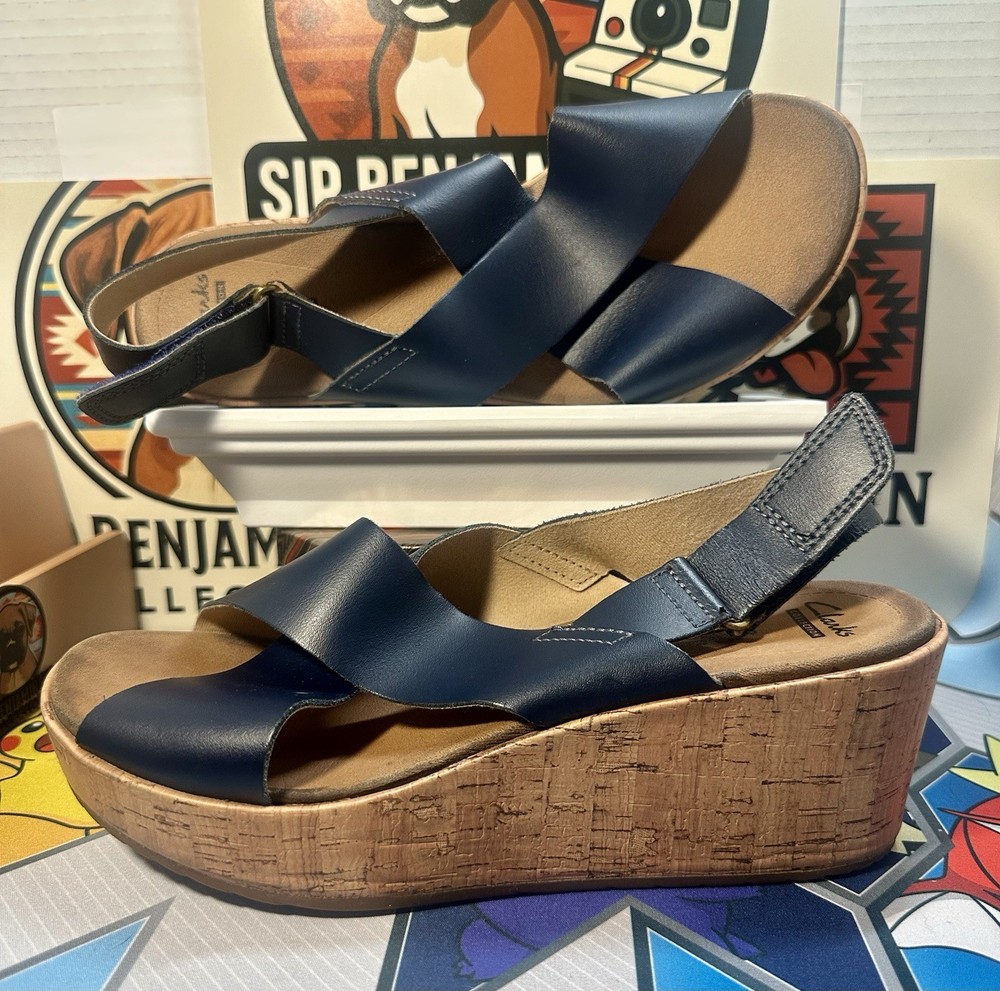 Clarks Artisan Sandals Womens Size 9 Strap Wedge Cork Casual Comfort Blue