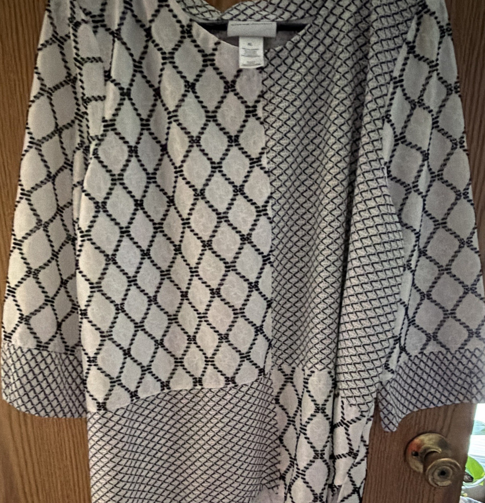 Alfred Dunner Women's Black/White Geometric Knit 3/4 Sleeve Tunic Blouse XL