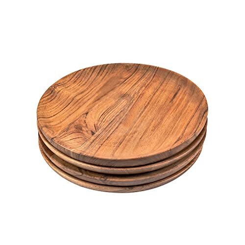 Acacia Wood Round Wood Plates Set of 4 Easy Cleaning & Lightweight for Dishe-image