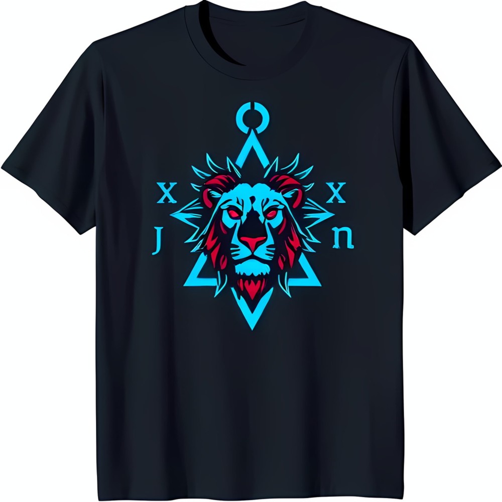Stylish Black T-Shirt with Bold Lion's Head Graphic & Geometric Design