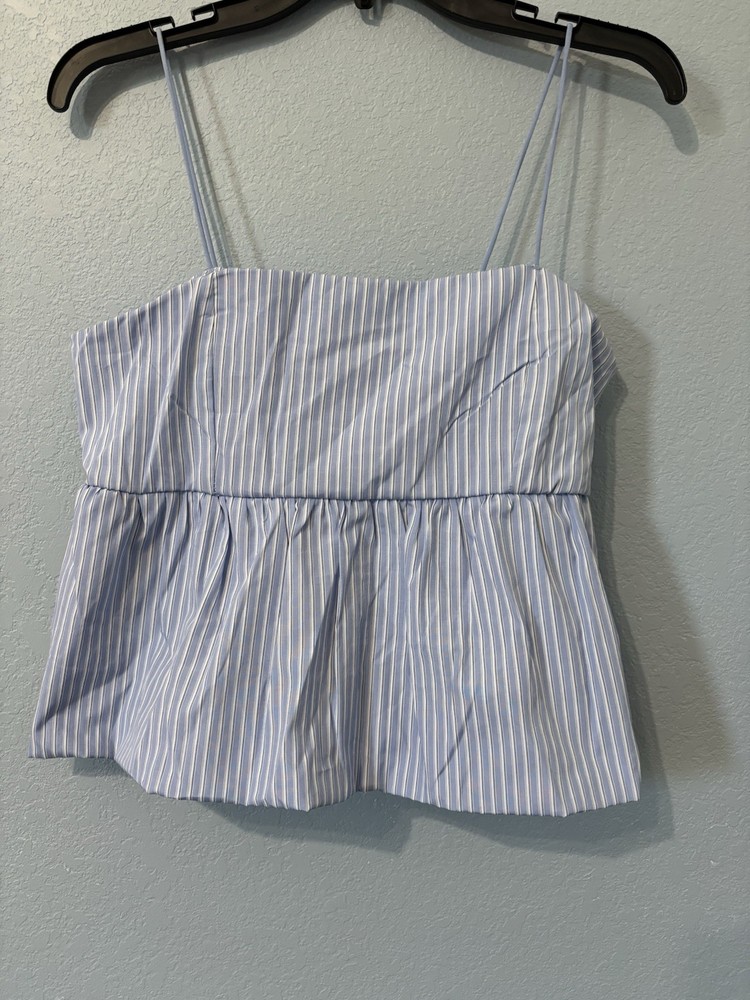 Madden Girl Women’s Large Blue White Striped Peplum Cami Top Smocked Back NWT