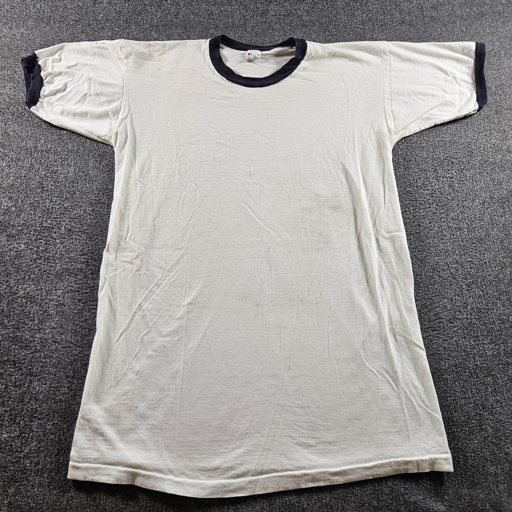Vintage 80s Champion Ringer T-Shirt White Navy Made In USA Single Stitch Mens XL
