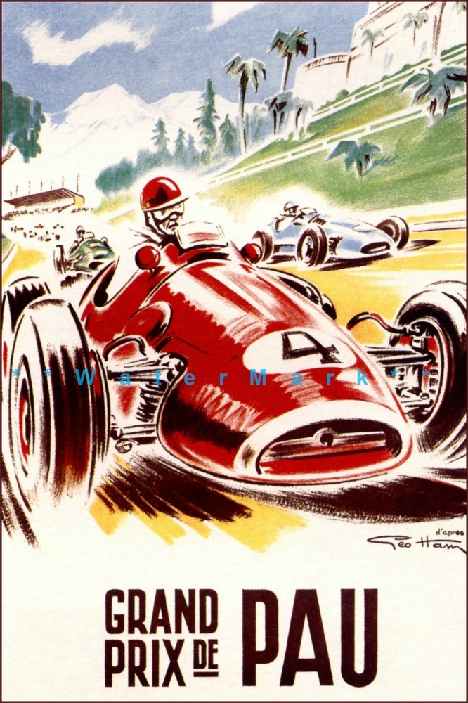 French Grand Prix Du Pau 1950 Vintage Poster Print Retro Style Car Racing Art