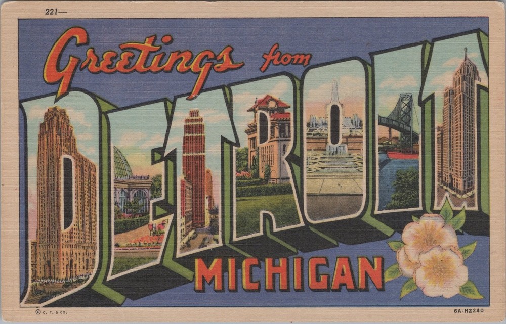 Vintage Greetings from Detroit Michigan Linen Postcard 1954