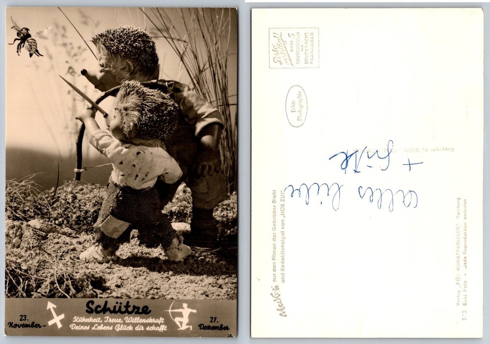 Mecki & Mickie Hedgehog Puppets Archer Bee Real Photo Postcard c1950s