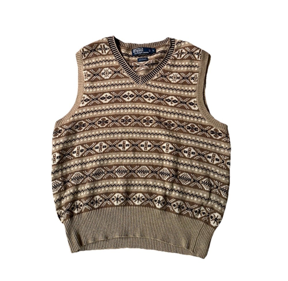 Vintage 90s Polo Ralph Lauren RARE Fair Isle Winter Brown Sweater Vest Sz Large