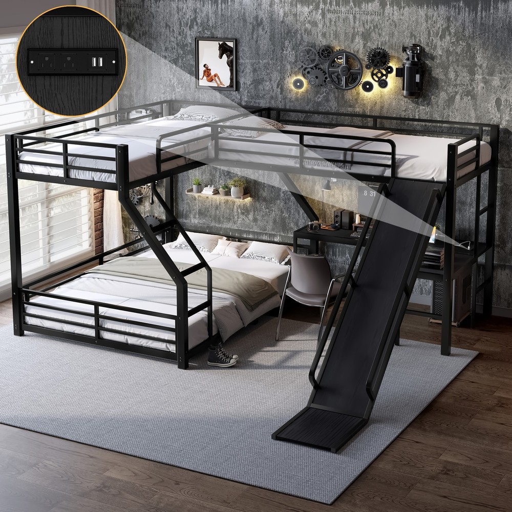 L-Shaped Metal Triple Bunk Bed Twin XL over Queen Bed Frame w/Twin Size Loft Bed