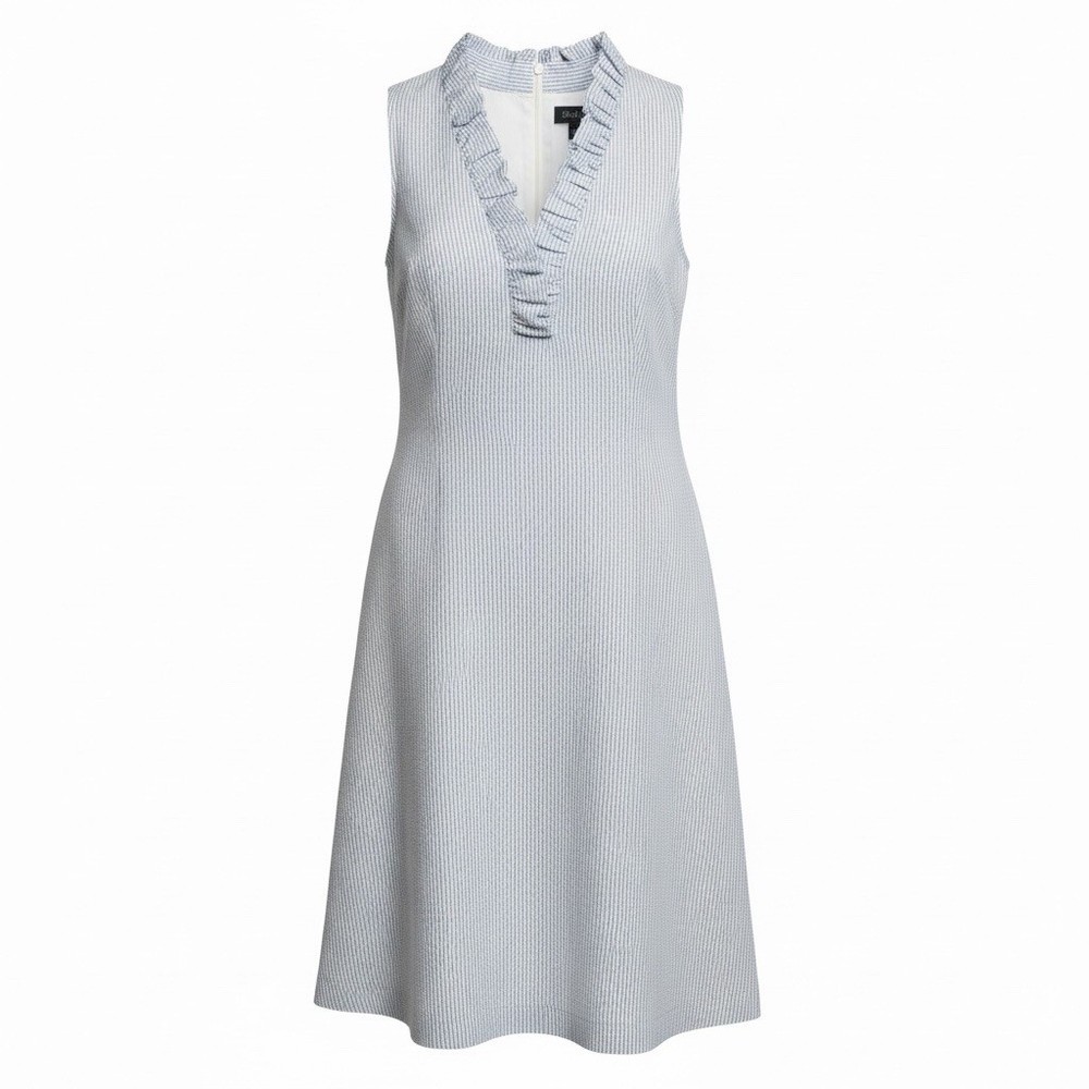 Vince Camuto Seersucker Stripe Shift Dress Blue White Ruffle Neck Size 14 NWT