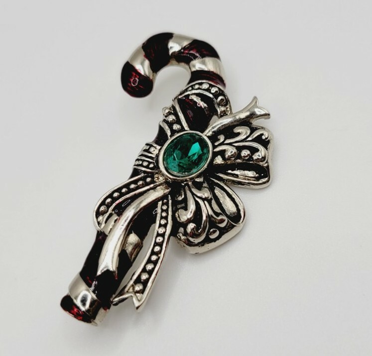 Enamel Candy Cane Brooch Pin Ribbon Accent Christmas Holiday Silver Tone Crystal-image