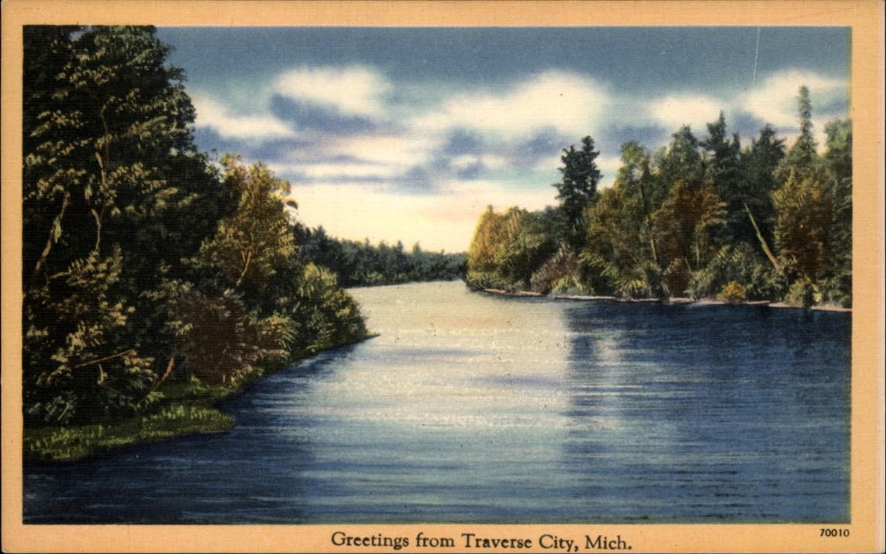 Michigan Traverse City Greetings from river scene ~ 1930s linen postcard sku299