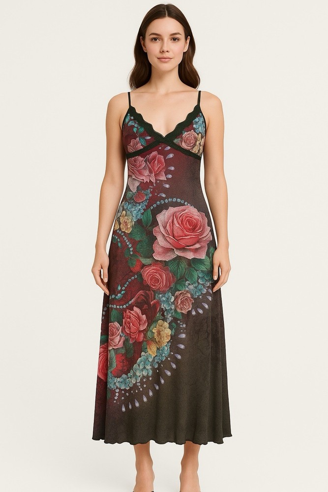 Women’s Sleeveless Floral Dress Size M Multicolor Rose Print Lace Trim Boho