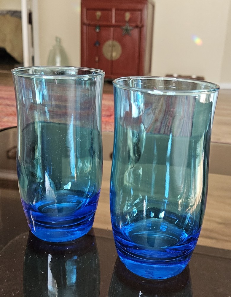 Anchor Hocking Flair Laser Blue Tumblers Hand Blown Glass 12 Oz Set Of (2)...