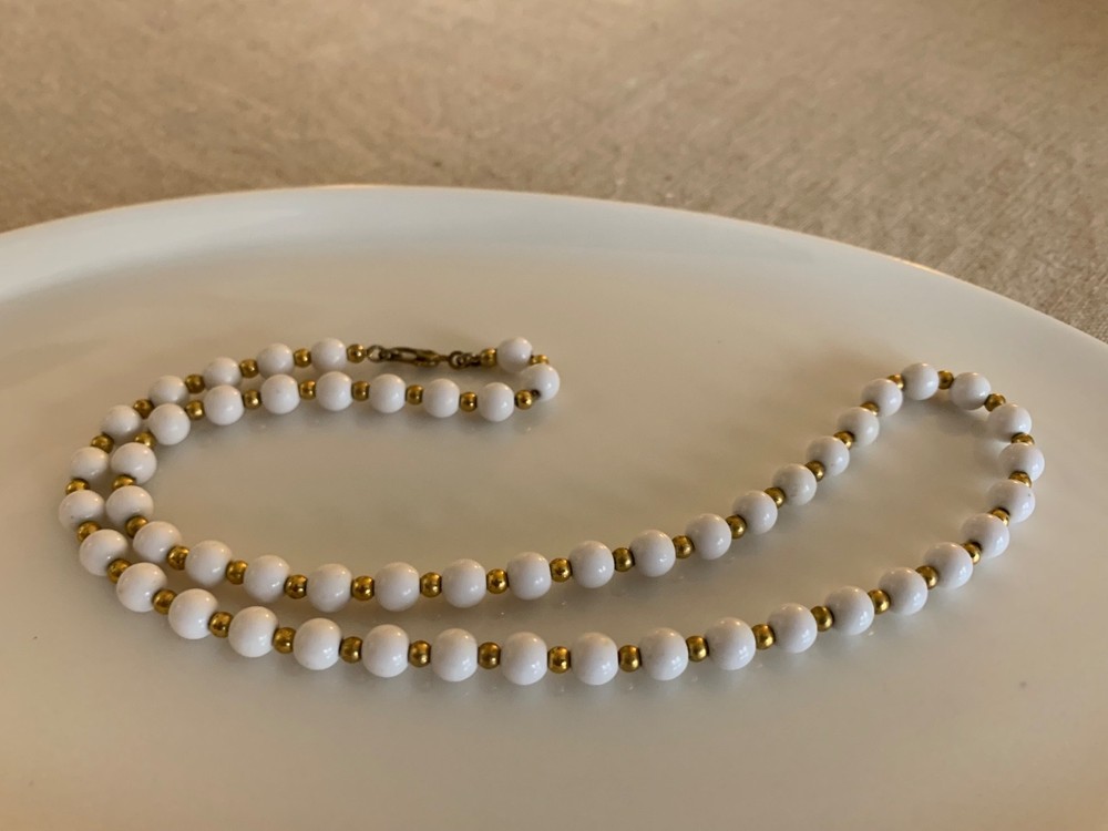 Vintage Monet White Glass Bead Necklace w/ Gold-Tone Spacers & Signed Clasp