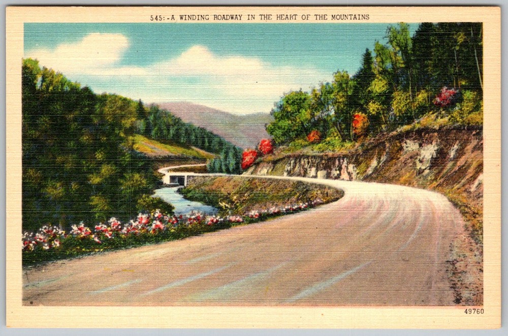 Vtg Linen Postcard Winding Mountain Roadway River Asheville, NC 1930s