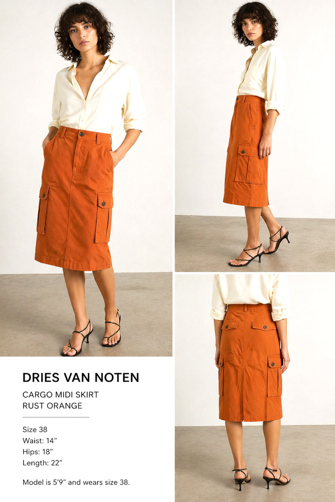 Dries Van Noten Cargo Midi Skirt Orange Rust Cotton Size 38 Utility Pockets