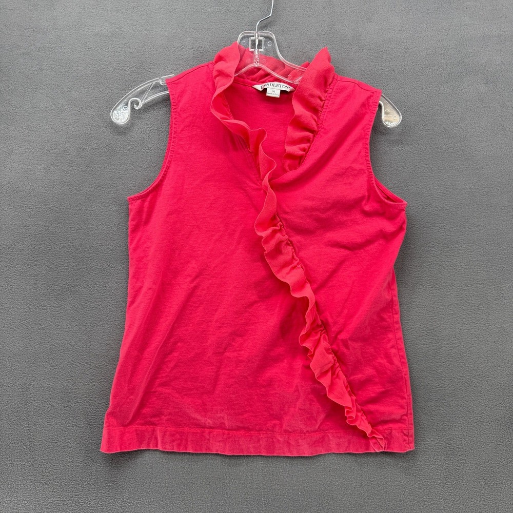 Pendleton Top Womens Coral Pink Ruffle V-Neck Sleeveless Cotton Silk Trim M