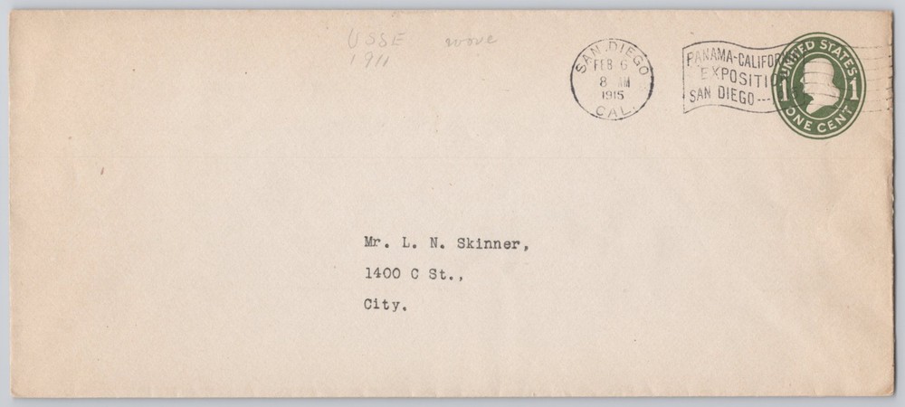 San Diego, CA — Panama-California Exposition cancel on one-cent envelope — 1915