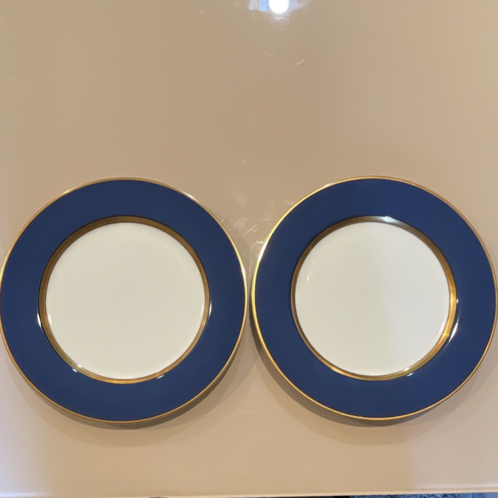 Fitz and Floyd Renaissance Blue Porcelain Dinner Plate Gold Trim Japan Set of 2