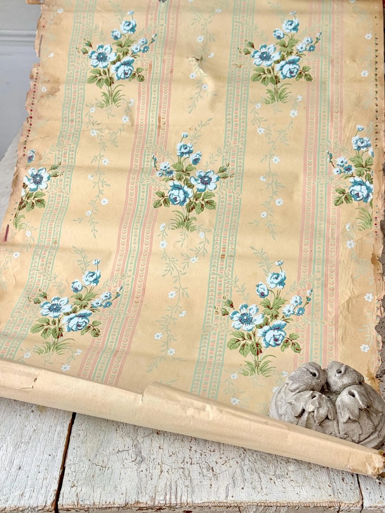 26in Vintage Wallpaper Rag Paper Floral Stripe c1900 Antique Paper Wallcovering