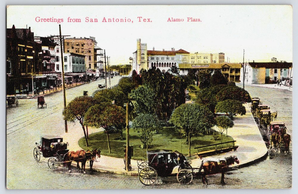 San Antonio Texas TX Greetings Alamo Plaza Carriage Horses Vintage Postcard USA