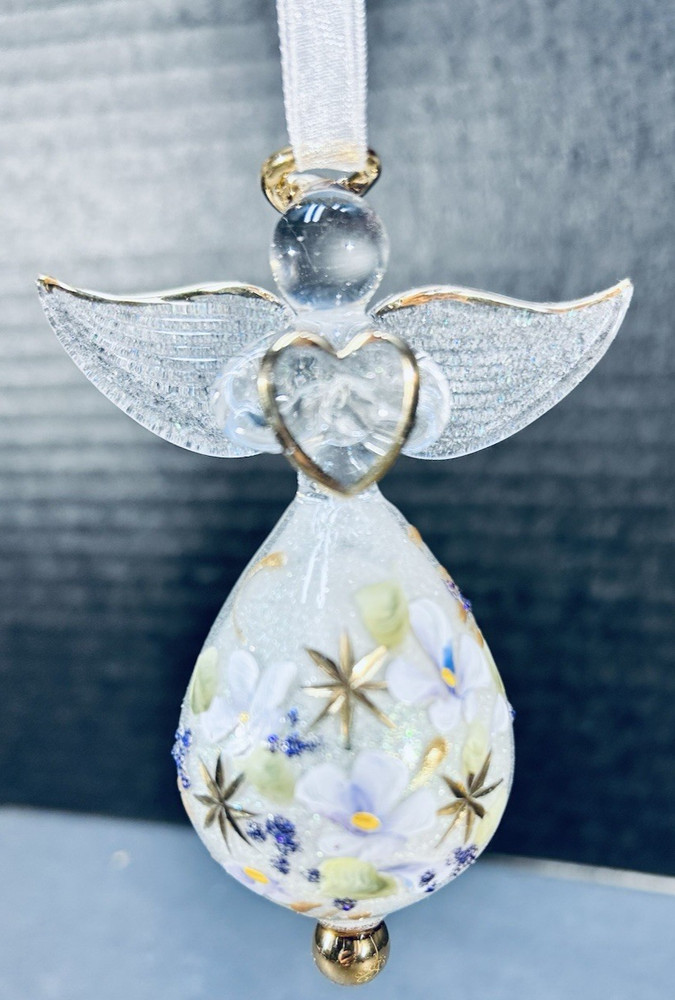 Hand Blown Glass Angel Holding Gold Heart Christmas Ornament 4