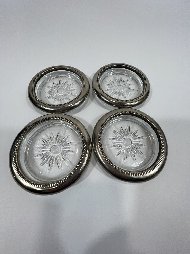 Vintage Leonard Italy 4 Piece Coaster Ashtray Set Genuine Crystal & Silver Plate