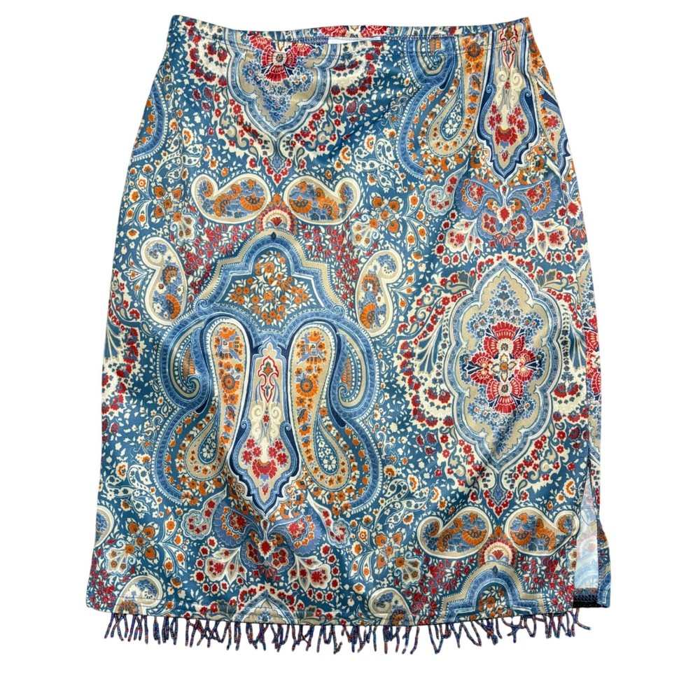 LA MOVERS Vintage Y2K Blue Paisley Beaded Fringe Midi Skirt Womens S Boho 90s