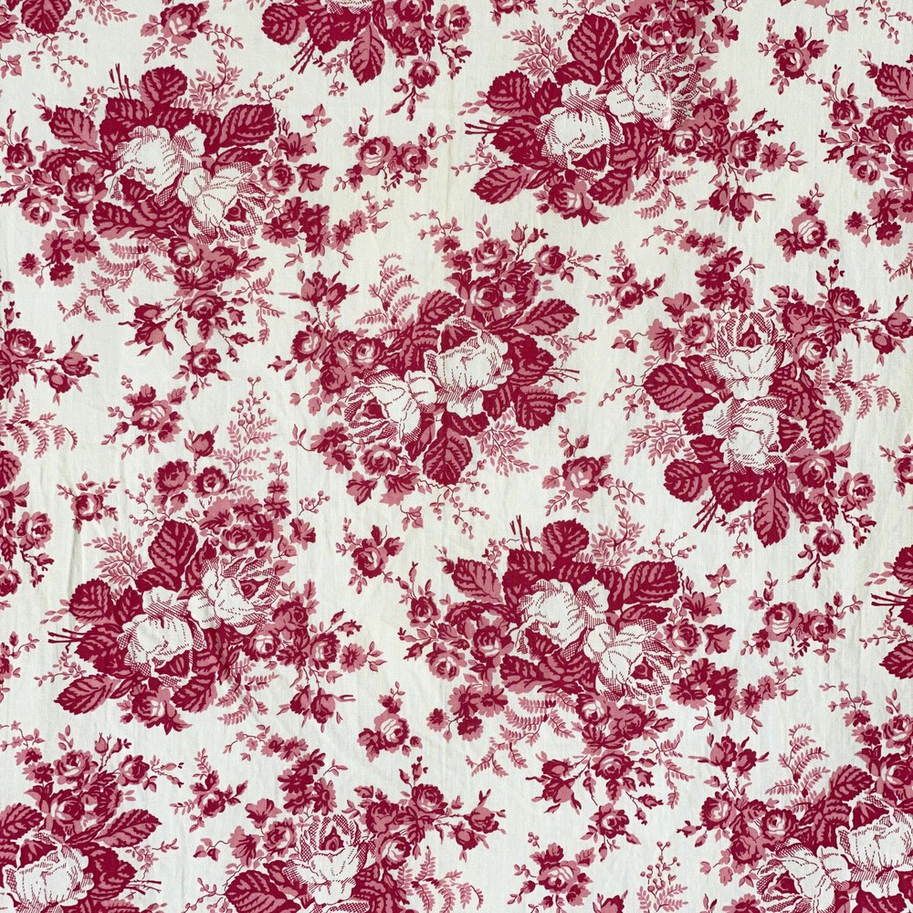 Cabbage Roses Red white pink French fabric material old white ground pillow fab