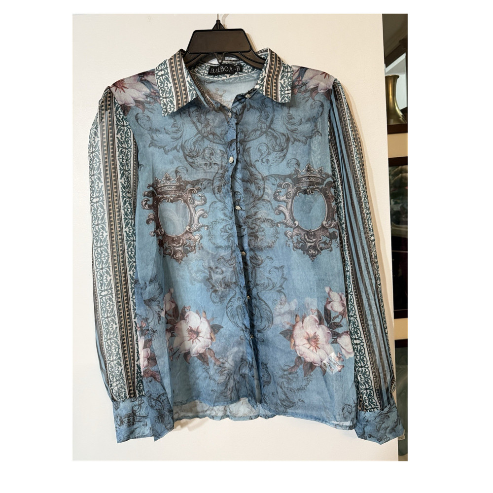 Balboa Women’s Sheer Chiffon Floral Button-Front Collared Blouse, L