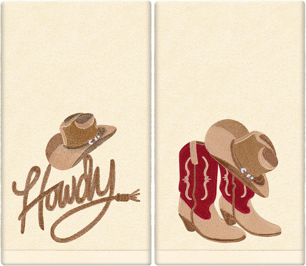 2pc Cowboy Hand Towels Embroidered Western Hat Boots Kitchen Bath Decor