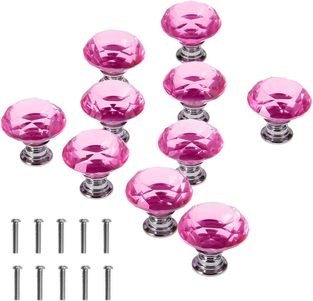 Crystal Glass Cabinet Knobs, 30mm Diamond Shape Drawer Pulls Handles, Pink