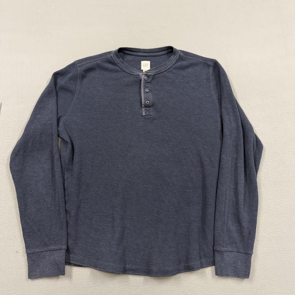 Gap Shirt Mens Large Blue Thermal Long Sleeve Henley Waffle Knit Casual