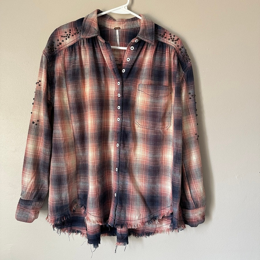 Free People Take On Me Plaid Checked Boho Shirt with Studs Women's XS Western Grunge Style  