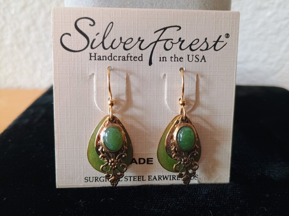 Silver Forest Jade Teardrop Shape Dangle Hook Earrings Gold Tone