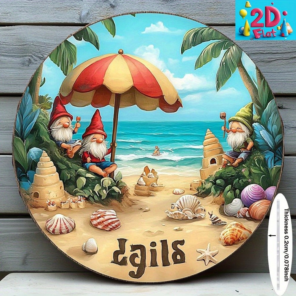 Tropical Beach Gnomes Red Umbrella Coastal Round Aluminum Decor
