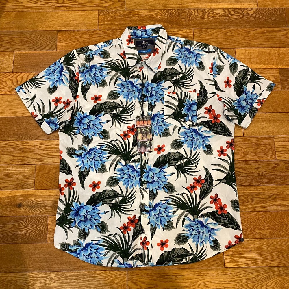 MBX Premium Goods Hawaiian Button Up Shirt Short Sleeve Flower White NWT XL