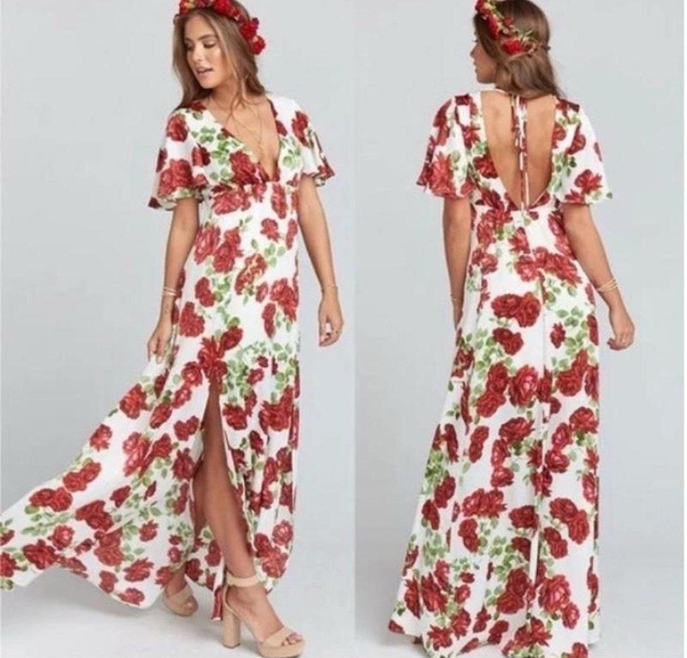 Show Me Your Mumu Faye Flutter Maxi Dress Floral Rose Print Boho Romantic Small