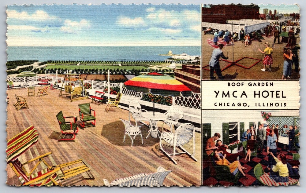 Chicago Illinois~Roof Garden Multi-View @ YMCA Hotel~Vintage Linen Postcard