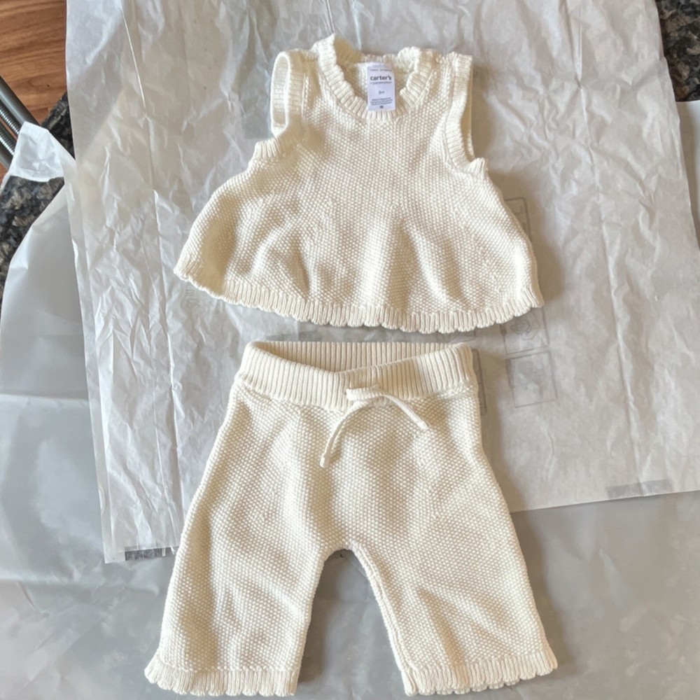 Carter's 2-Piece Ivory Knit Cotton Sweater Vest & Drawstring Pants Set 3M