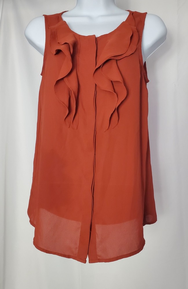 Ann Taylor LOFT Burnt Orange Ruffle Sleeveless Blouse Size XS Sheer Top