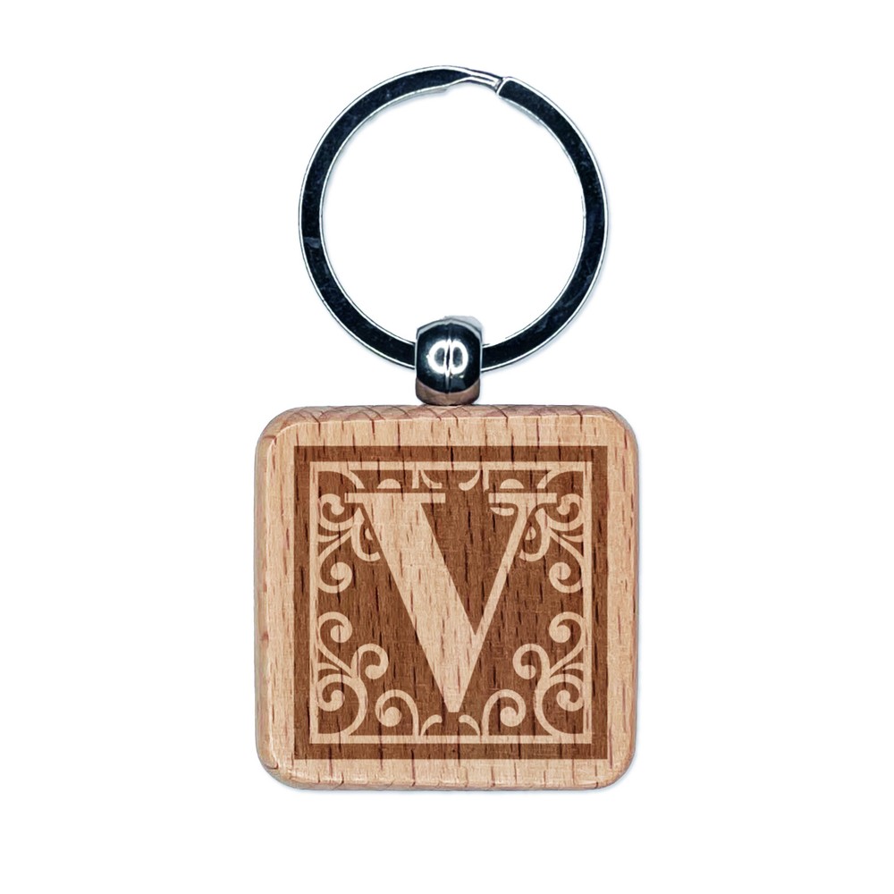 Monogram Swirls Letter V Engraved Wooden Square Keychain Charm  