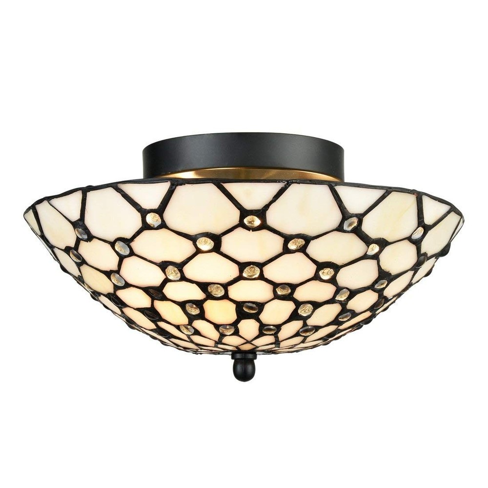 EUL Tiffany Style Semi Flush Mount Ceiling Light in Antique Brass with Art Glass