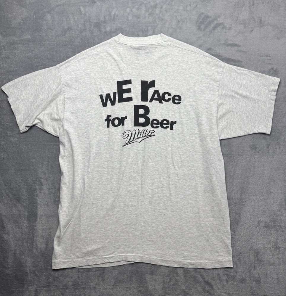 VTG 90s Miller Lite Logo We Race For Beer T-Shirt Sz 2XL Single Stitch Grey 1997